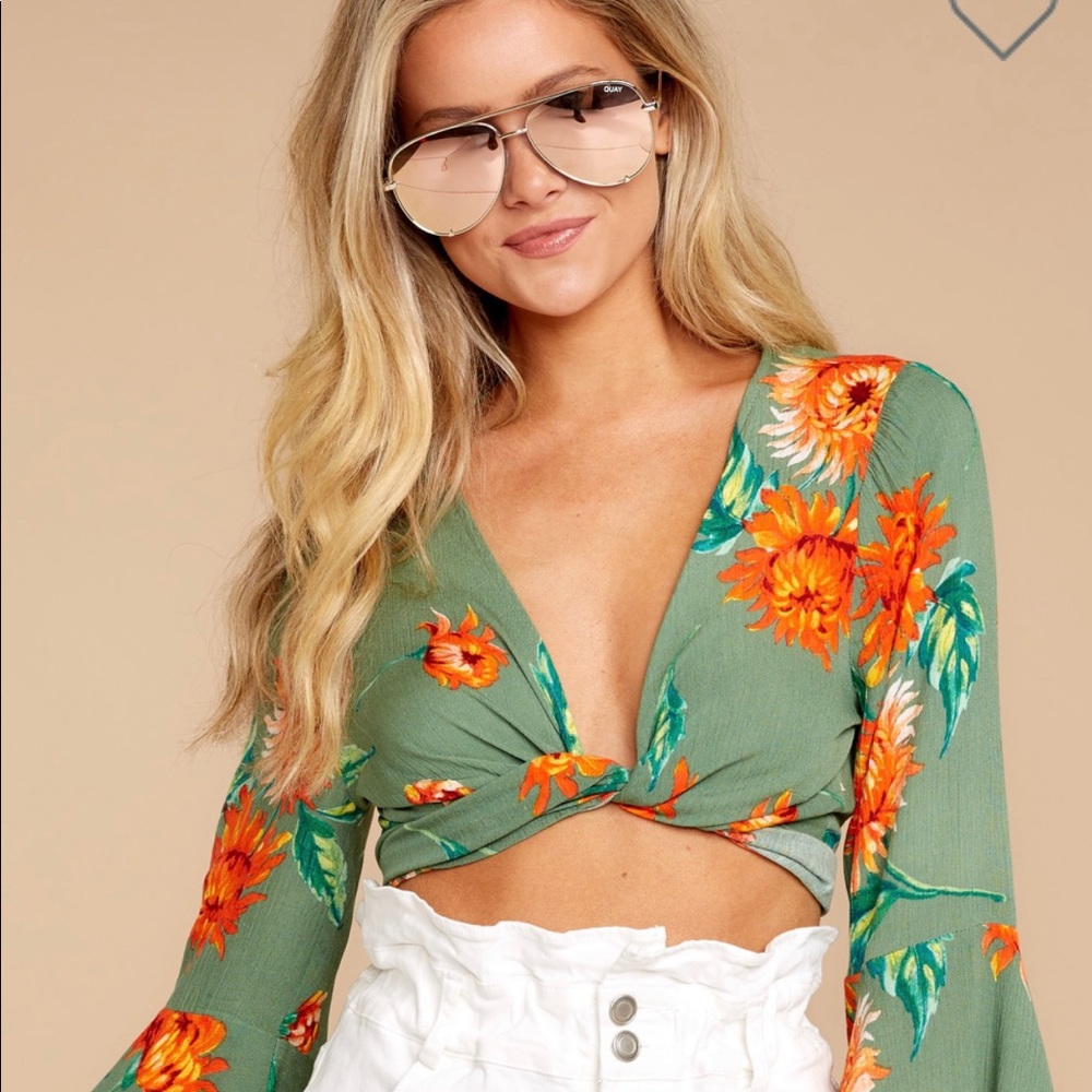 Green Floral Tie Top